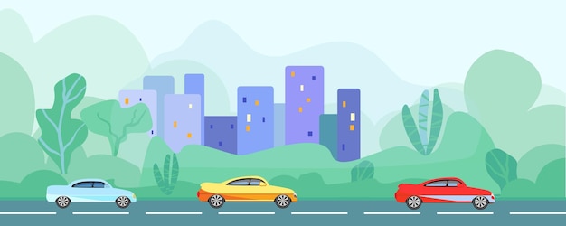 エコロジー・イン・ザ・シティ・アンド・ストリート・グリーニング 車で走る道路 (人工知能による手描きのベクトルイラスト)