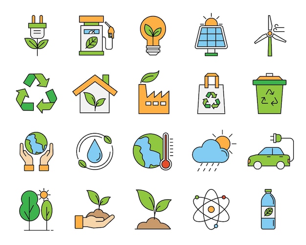 Ecology color line icon set on white background. environment and renewable energy outline symbol.