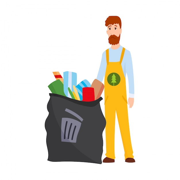 Ecology concept. Detailed illustration of garbage man in uniform and dumpster in flat style. Vector illustration.