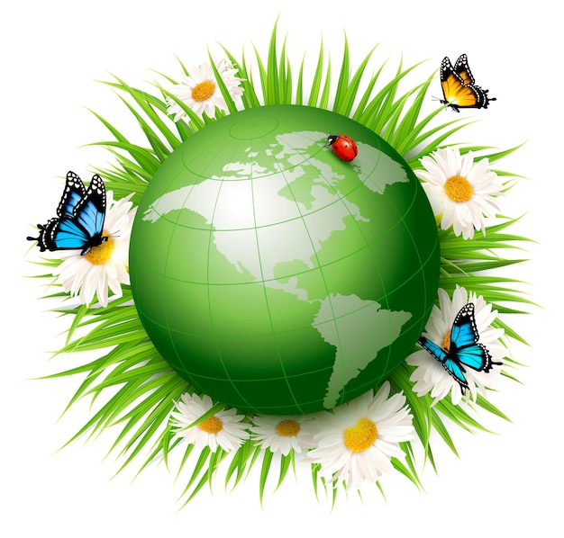 Концепция экологии. зеленый глобус и трава с цветами. векторная иллюстрация.