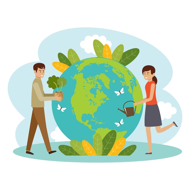 Ecology concept. people take care about planet. protect nature. earth day. globe with plants and volunteer people