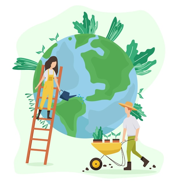 Ecology concept people take care of planet ecology protect nature and ecology banner earth day globe with trees plants and volunteer people