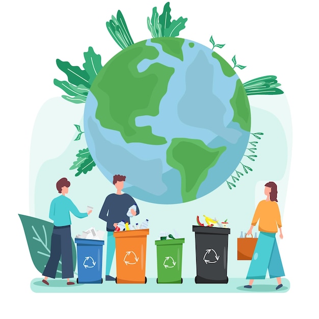Vector ecology concept people take care of planet ecology protect nature and ecology banner earth day globe with trees plants and volunteer people