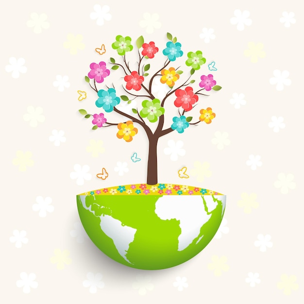 Ecology concept to save the planet A paper tree with  and colorful flowers growing on a globe