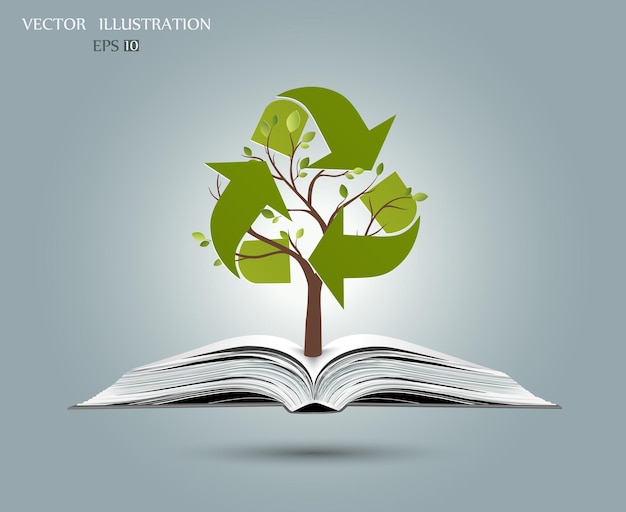 エコロジーコンセプトは、開いた本から立ち上がる惑星の木の形をしたリサイクルシンボルを保存します