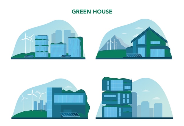 Insieme di concetto di ecologia. edificio ecologico con bosco verticale e tetto verde. energia alternativa e albero verde per un buon ambiente in città. illustrazione vettoriale isolato