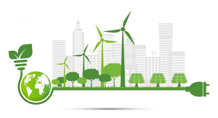 Vector ecology and environmental concept, earth symbol with green leaves around cities help the world with eco-friendly ideas