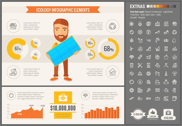 Vettore insieme di icone e modello infographic di ecologia design piatto