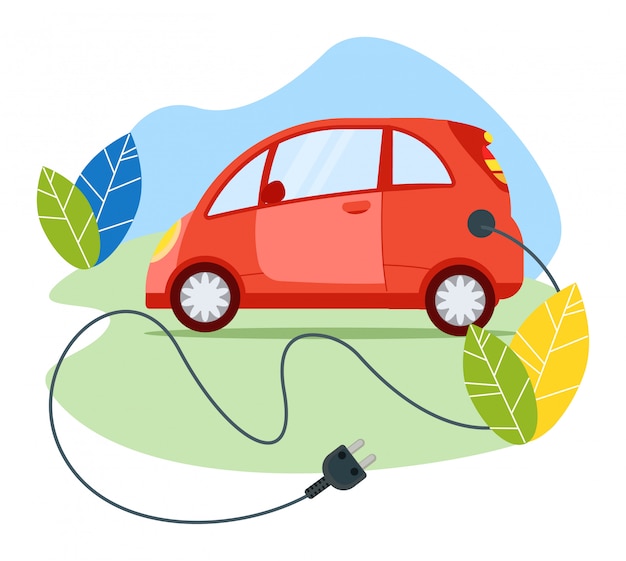 Ecology friendly electric car modern transport vehicle, red passenger auto with cable plug  on white,   illustration.