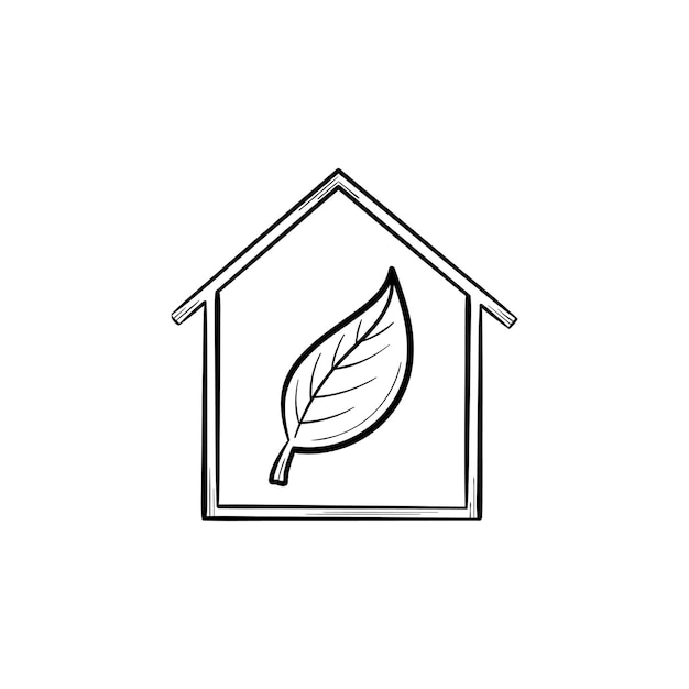 Ecologia casa amichevole con icona di doodle di contorno disegnato a mano foglia. foglia in un'illustrazione di schizzo di vettore di eco casa verde per stampa, web, mobile isolato su priorità bassa bianca. l'ecologia sostiene il concetto.