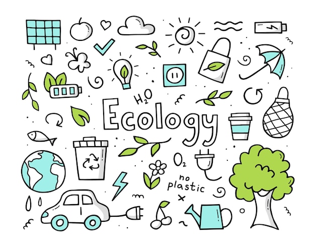 Ecology - hand drawn set. Eco in doodle sketch style. 