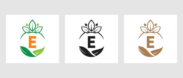 Ecology Health On Letter E Eco Organic Logo. Healthy Organic Eco Vegetarian Food Logotype