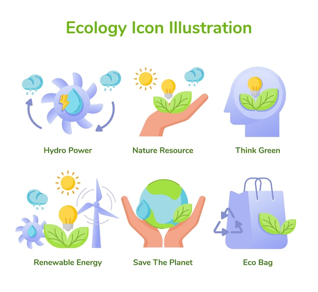 Ecology icon set collection hydro power nature resource think green renewable energy save planet