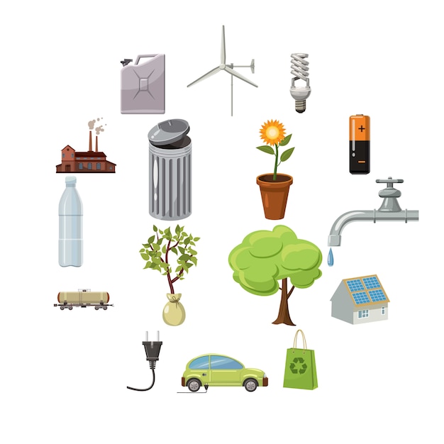 Vector ecology icons set, cartoon style