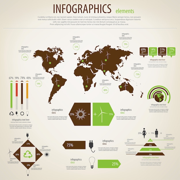 Set di infografica ecologia. mappa del mondo e grafica di informazioni.