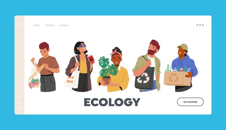 Vector ecology landing page template characters living green minimizing waste using renewable resources cartoon illustration