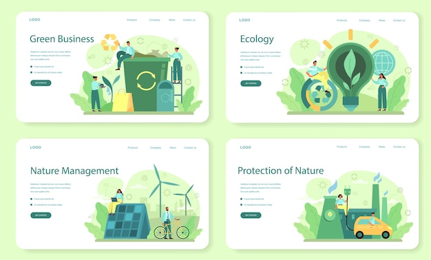 ベクトル エコロジーまたは環境にやさしいビジネスウェブバナーまたはランディングページセット