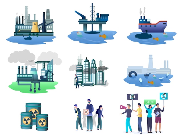 Vector ecology pollution sources set vector isolated illustration