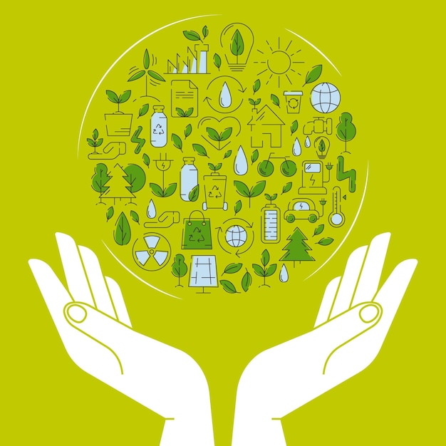 Vector ecology poster human hands holding earth with eco friendly energy sources circle with eco icons