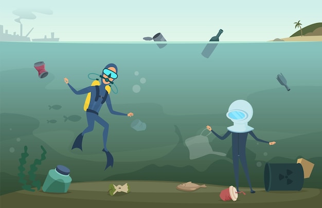 Ecology problems water pollution scuba divers in ocean collect waste eco catastrophe trash in sea vector illustration