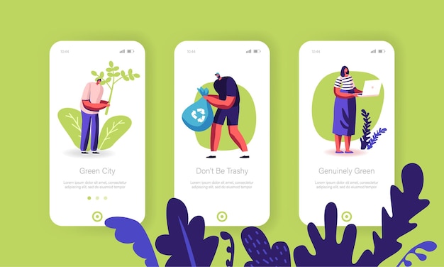Ecology Protection Mobile App Page Onboard Screen Set.
