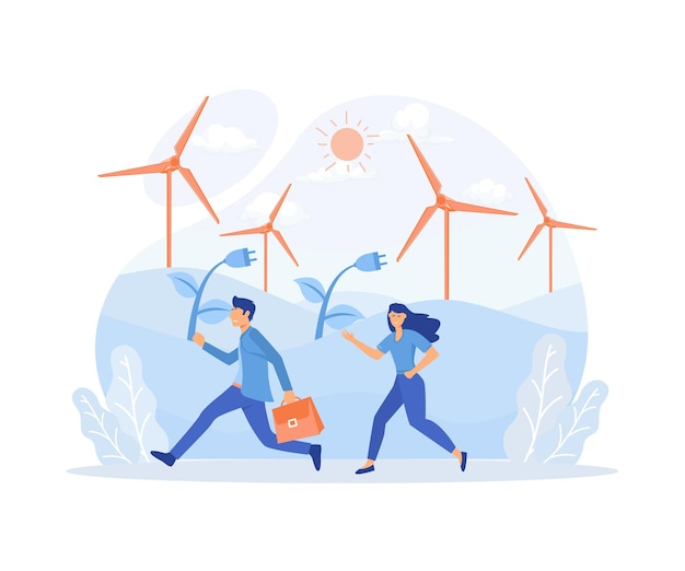Экология Возобновляемая энергия Солнечные панели Ветровые турбины Энергия дождя Молодая женщина и мальчик бегут