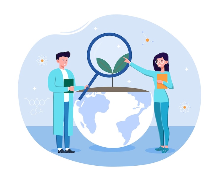 वेक्टर ecology research concept scientists study state of environment man and woman look at planet with