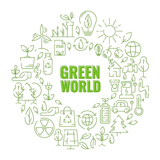 Vector ecology round design with text green world line icons ecology environment improvement