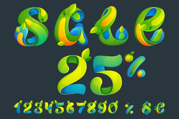 Ecology sale lettering with numbers set percent and dollar sign oblique letters green leaves