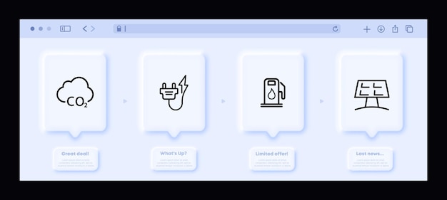 Ecology set icon Cloud CO2 energy socket wires gas station drop fuel solar battery green energy Save the world concept Neomorphism website interface Vector line icon for Business