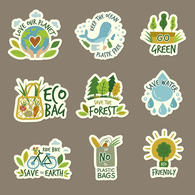 ecology stickers with green planets eco environment friendly ecology save earth recent vector badges collection