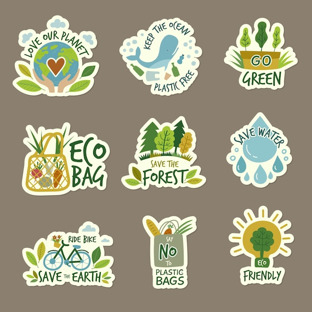 Ecologia adesivi con pianeti verdi eco ecologia rispettosa dell'ambiente salva la terra recente raccolta di badge vettoriali