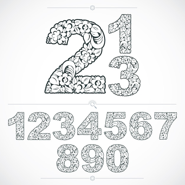 Ecology style flowery numbers, vector numeration made using natural ornament. Black and white digits created with spring leaves and floral design.