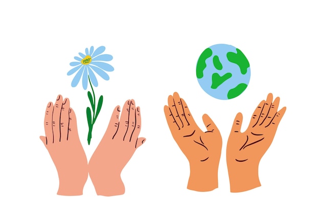 Ecology symbols earth and flower in handsHappy earth dayHands holding globe earth