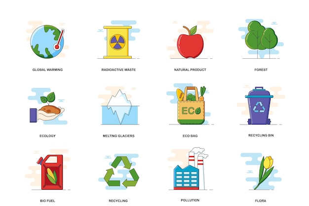 Ecology web concept stroke flat line icons isolated set Climate waste recycling
