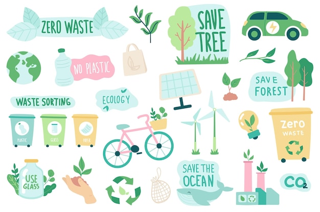 Ecologia e zero rifiuti insieme di oggetti isolati raccolta di citazioni eco-compatibili rinnovabili verdi