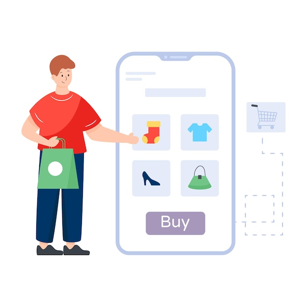 Un'app di e-commerce in un'illustrazione modificabile piatta