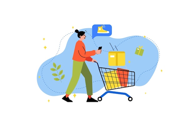 Vector ecommerce concept with people scene in the flat cartoon design girl carries different goods home in a cart and chooses new shoes on the online store vector illustration