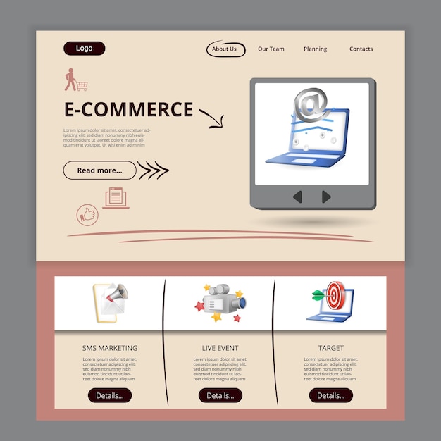 Ecommerce flat landing page website template sms marketing