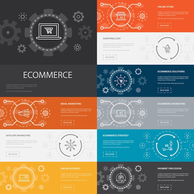 Ecommerce infographic 10 line icons banners online store shopping cart payment processor ecommerce solutions simple icons