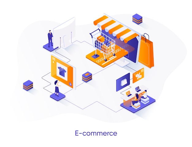 Illustrazione isometrica di e-commerce con personaggi di persone