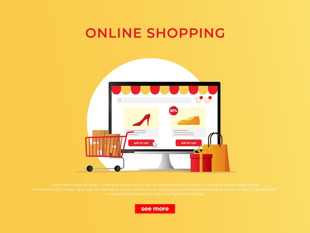 Banner di concetto di shopping e-commerce con negozio online sul monitor del computer