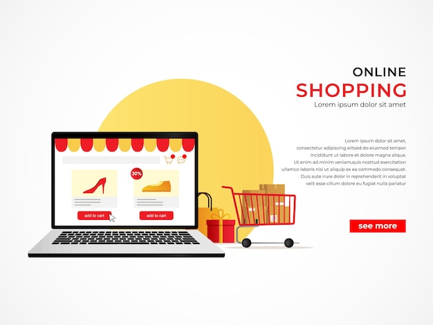 Banner di concetto di shopping e-commerce con negozio online su illustrazione laptop