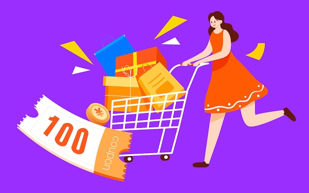 Девушка, делающая покупки в электронной коммерции, толкает корзину, чтобы купить векторную иллюстрацию товаров