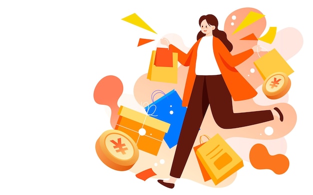 Ecommerce shopping girl pushing a shopping cart to buy items vector illustration