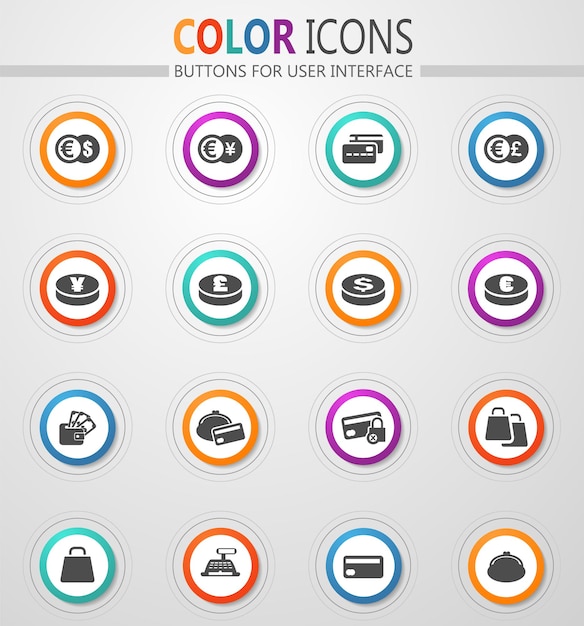 Vector ecommers icons on round white buttons with color strokes