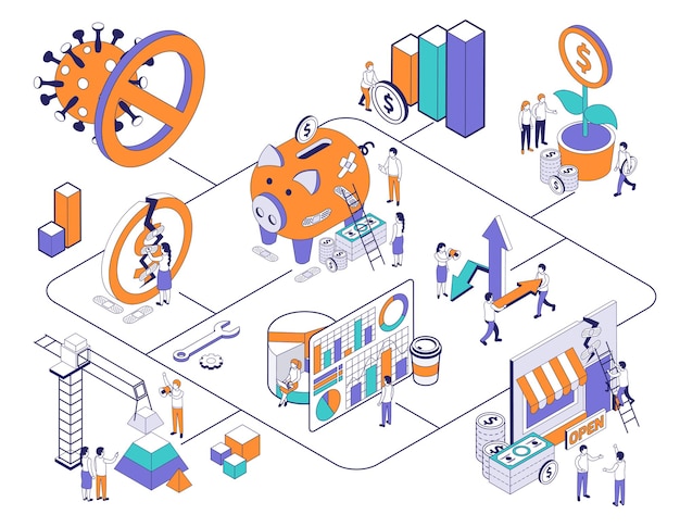 Economic business recovery isometric composition with images of virus storefronts and financial icons combined in flowchart illustration