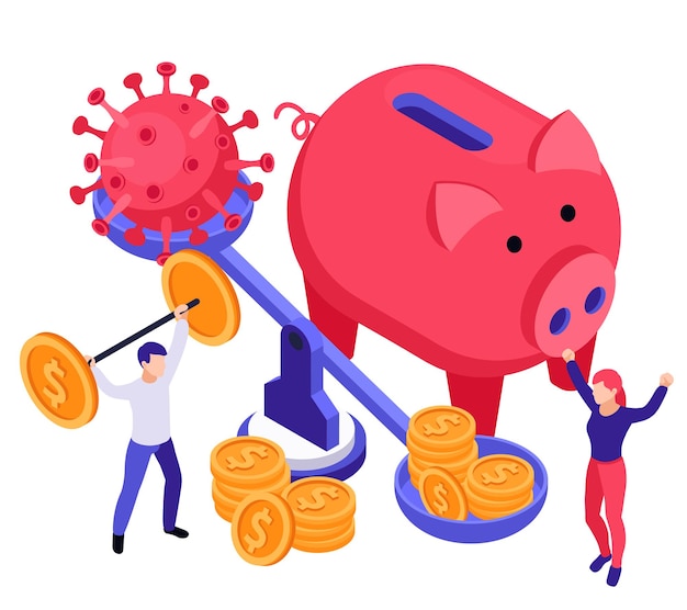 Vector economic business recovery isometric illustration with weight, coins, virus and moneybox