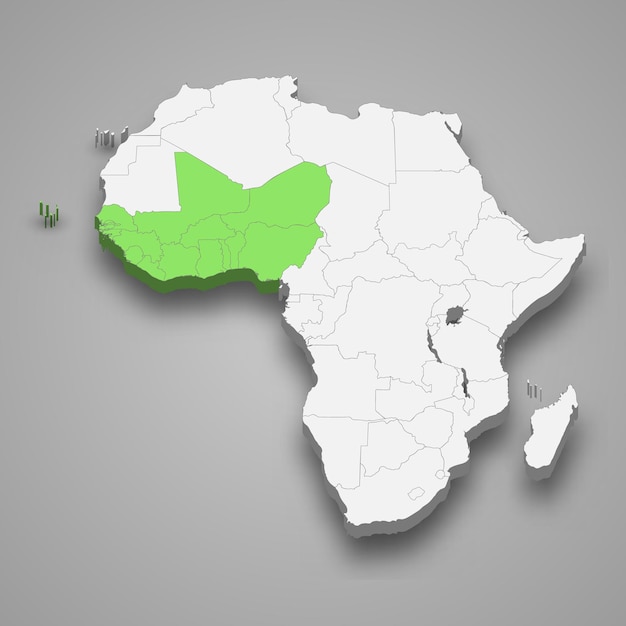 서아프리카 국가들의 경제 공동체 (ecowas) 는 아프리카 내의 위치를 나타내는 3d 이소메트릭 지도이다.