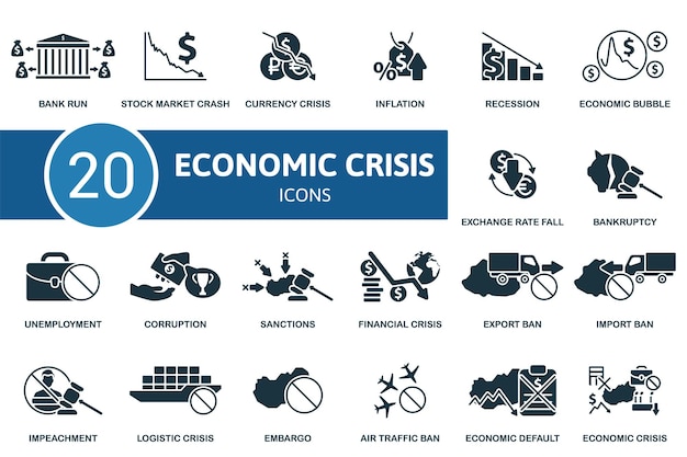 Vector economic crisis set creative icons bank run stock market